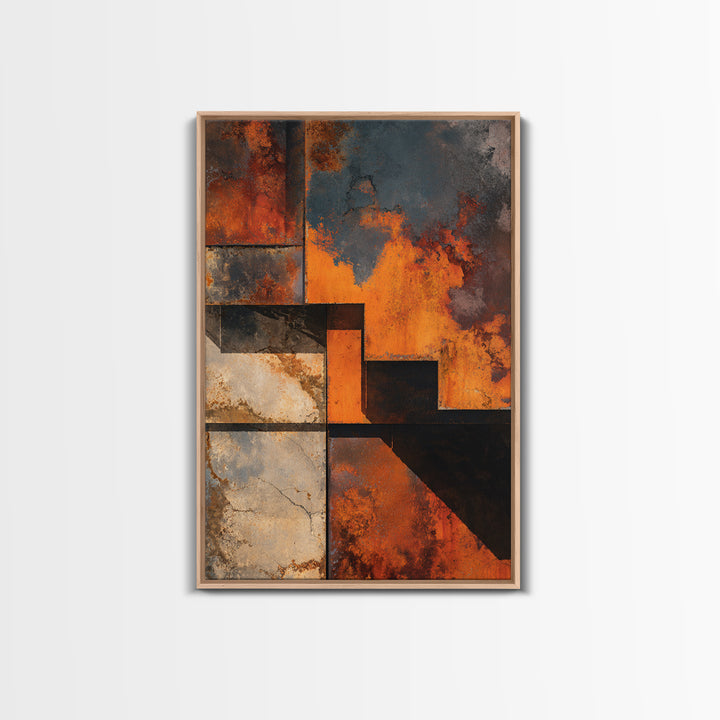Rust Orange and Charcoal Geometric Abstraction Framed Canvas Print, Industrial Art, Art Print, Living Room Decor, Foundry, IND-2x3-46
