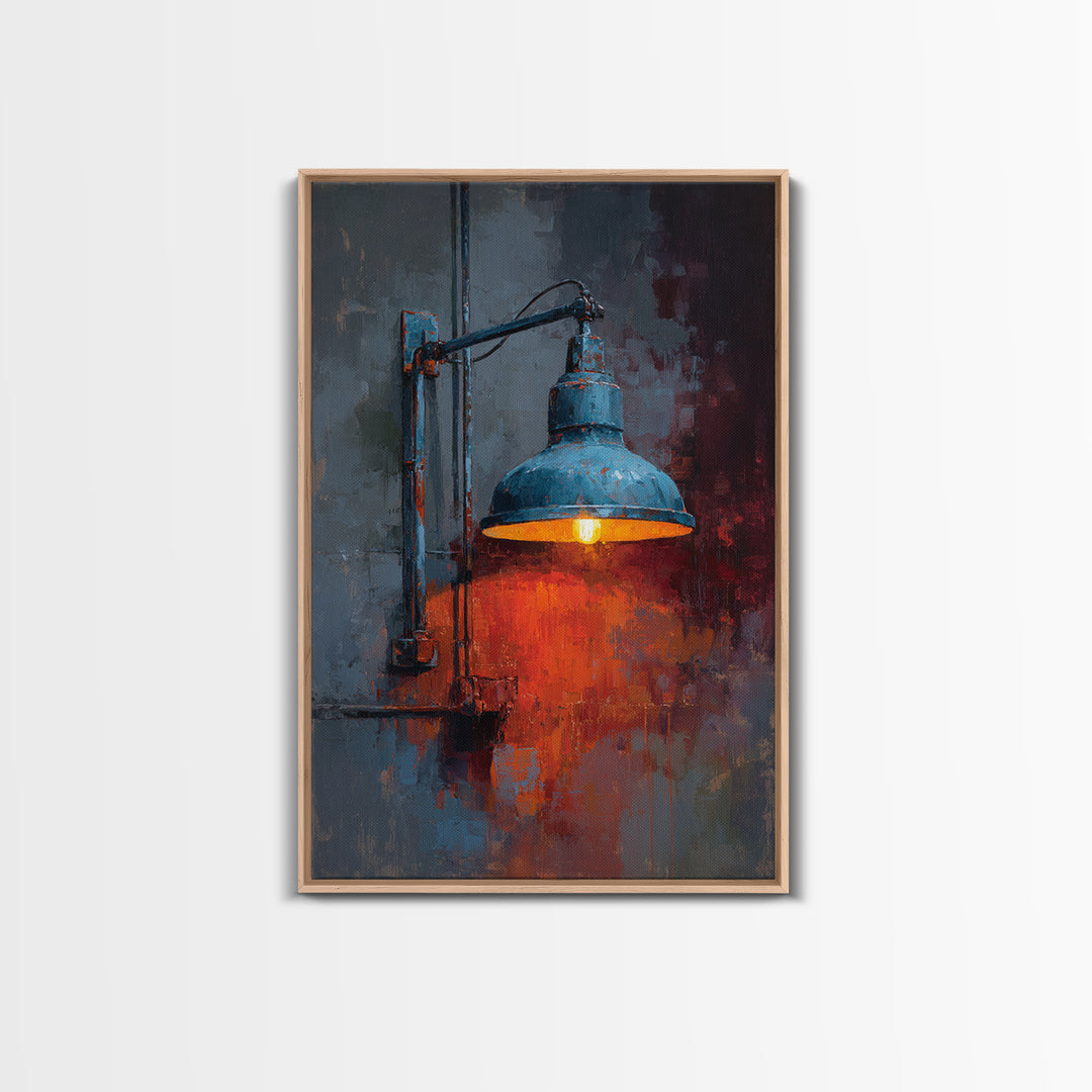 Industrial Lamp with Warm Glow Framed Canvas Print, Industrial Art, Abstract Painting, Living Room Decor, Fine Art, Foundry, IND-2x3-55