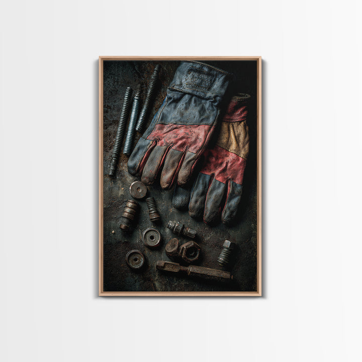 Worn Work Gloves and Bolts Arrangement Canvas Print, Industrial Art, Textured Wall Art, Living Room Decor, Foundry, IND-2x3-74