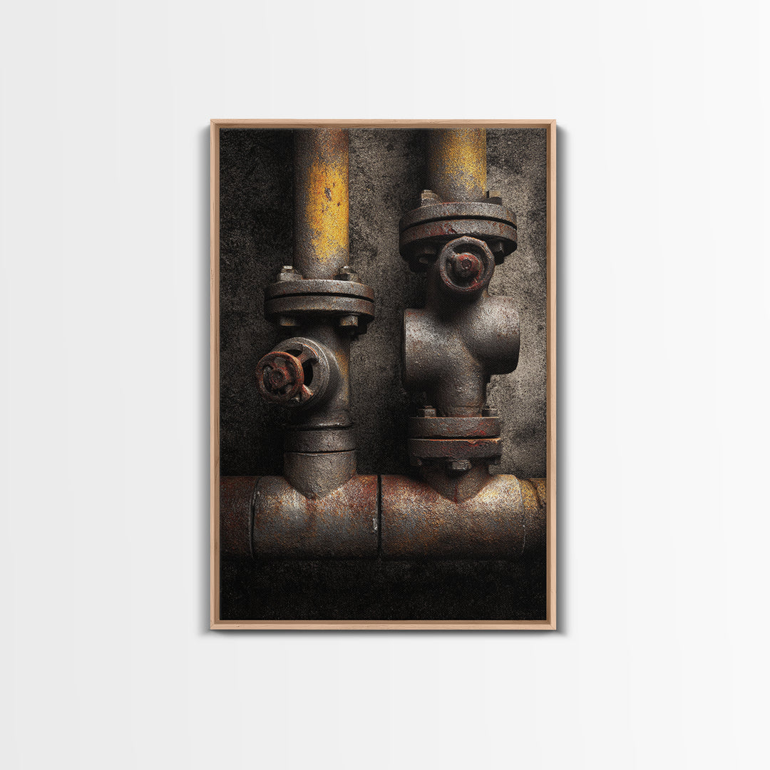Metal Pipes and Valves as Graphic Composition Framed Canvas Print, Industrial Art, Bauhaus Poster, Living Room Decor, Foundry, IND-2x3-88