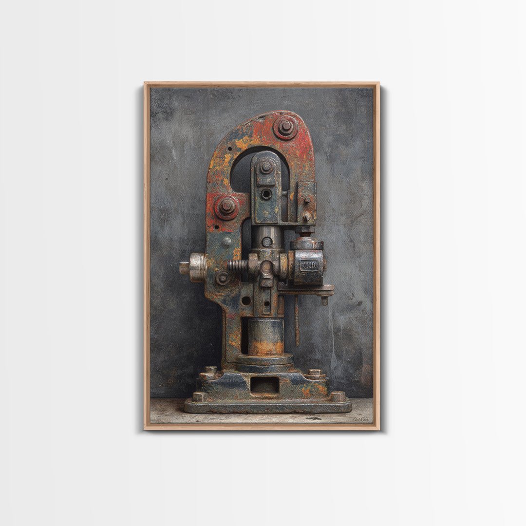 Brass Gauge and Machinery Still Life Framed Canvas Print, Industrial Art, Bauhaus Poster, Living Room Decor, Fine Art, Foundry, IND-2x3-93