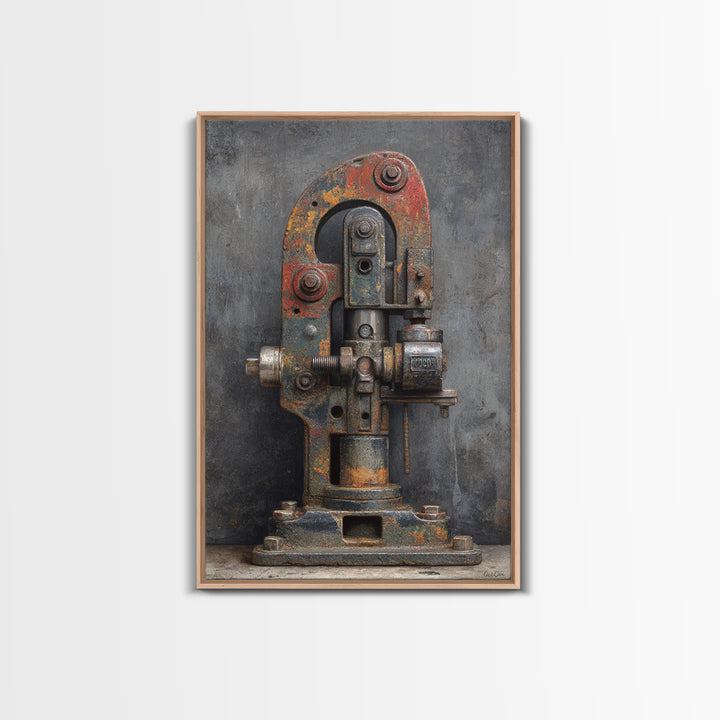 Brass Gauge and Machinery Still Life Framed Canvas Print, Industrial Art, Bauhaus Poster, Living Room Decor, Fine Art, Foundry, IND-2x3-93