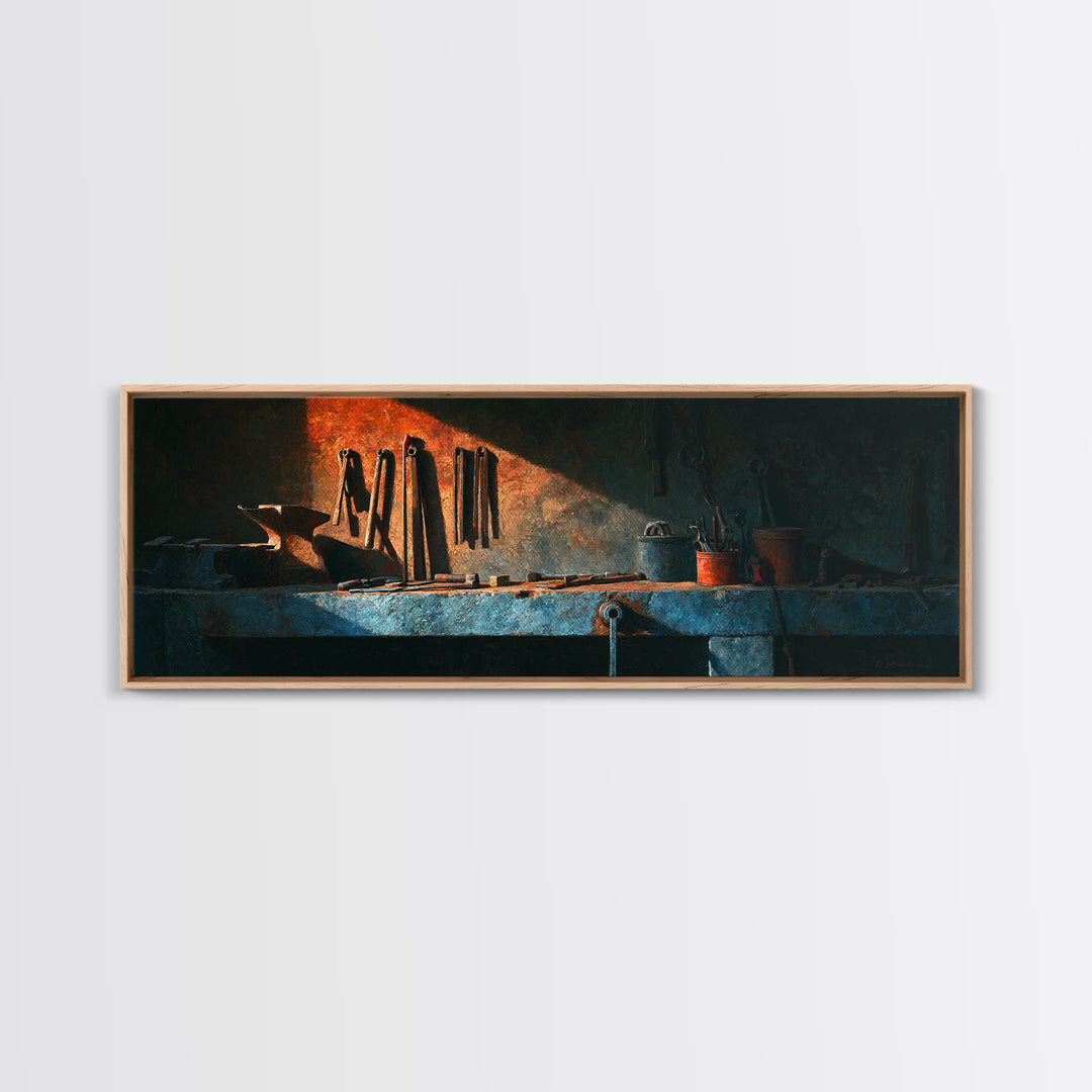 Blacksmith Tools on Dark Workbench Framed Canvas Print, Industrial Art, Textured Wall Art, Living Room Decor, Fine Art, Foundry, IND-3x1-2