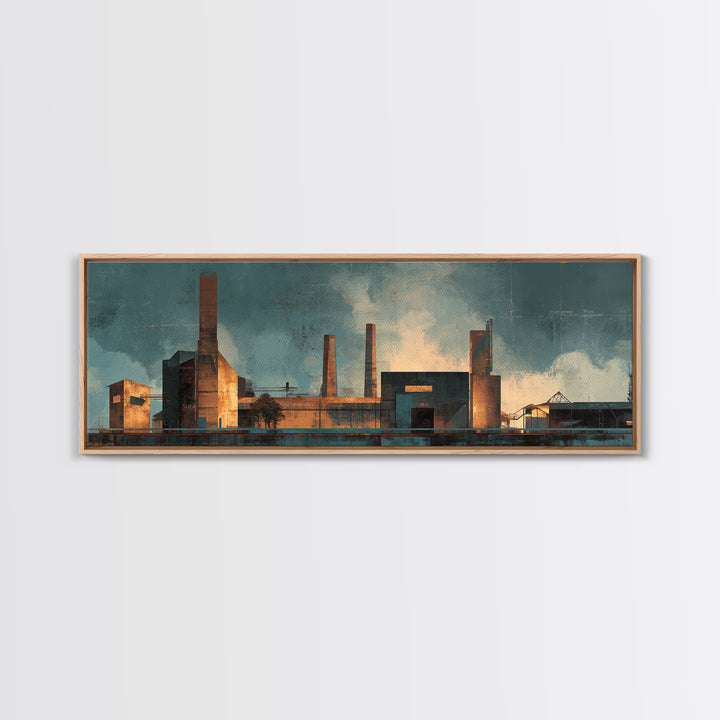 Factory Smokestacks with Moody Sky Framed Canvas Print, Industrial Art, Wall Hanging, Living Room Decor, Fine Art, Foundry, IND-3x1-51