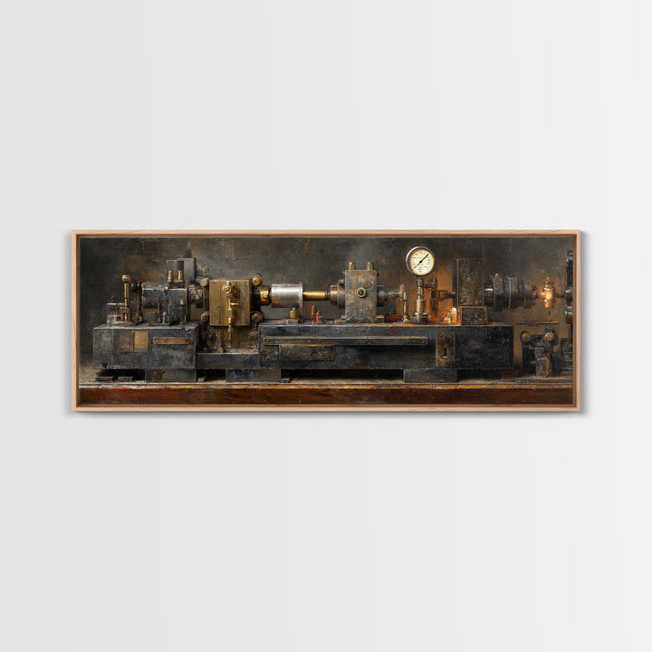Brass Gauge and Machinery Still Life Framed Canvas Print, Industrial Art, Fine Art Print, Living Room Decor, Fine Art, Foundry, IND-3x1-53