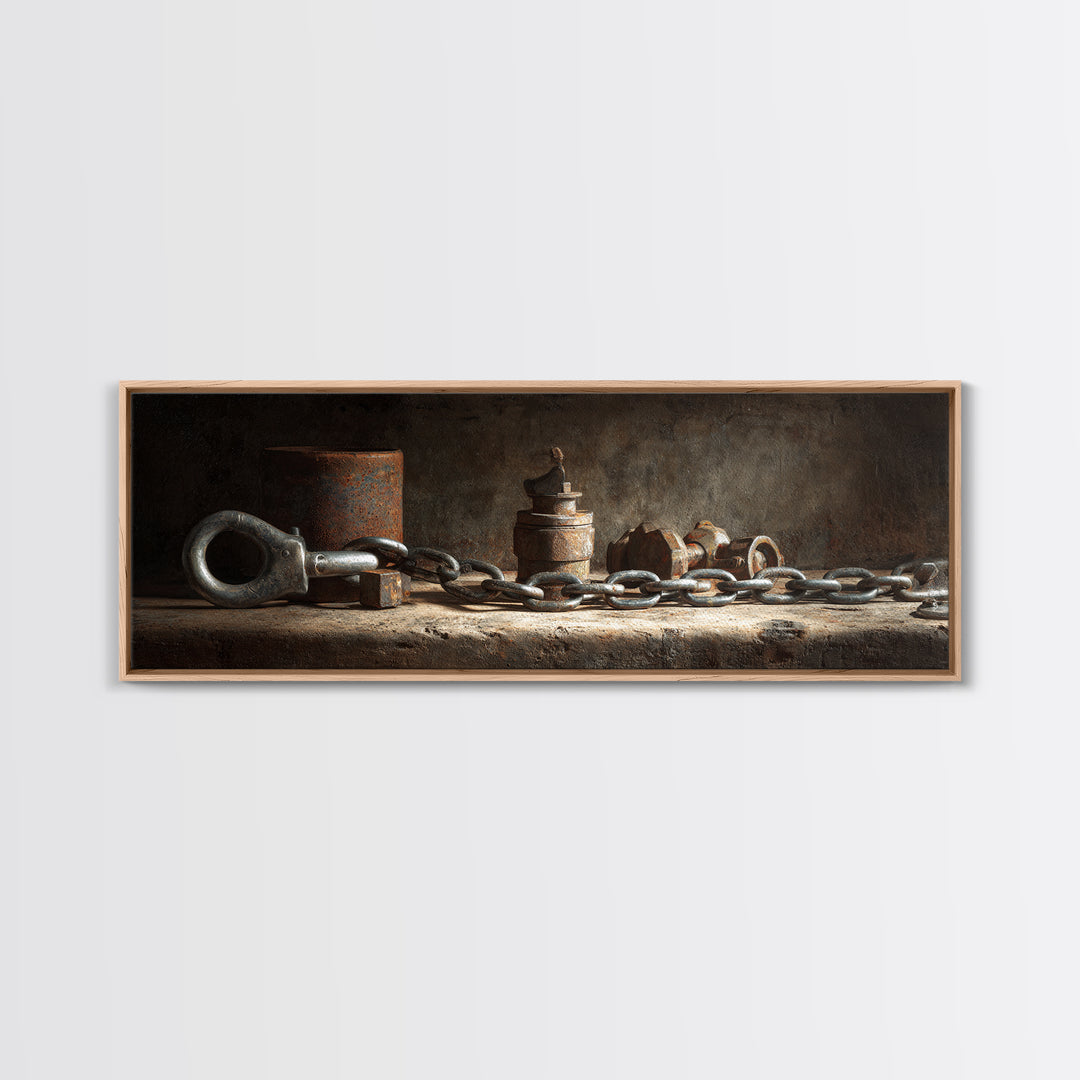 Chain and Hook Still Life Framed Canvas Print, Industrial Art, Wall Art, Living Room Decor, Fine Art, Foundry, Original Art, IND-3x1-56