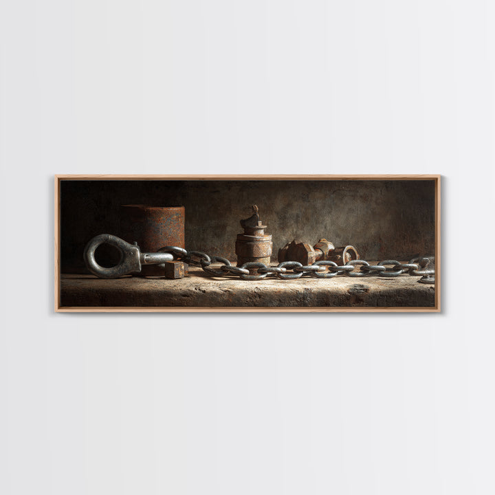 Chain and Hook Still Life Framed Canvas Print, Industrial Art, Wall Art, Living Room Decor, Fine Art, Foundry, Original Art, IND-3x1-56