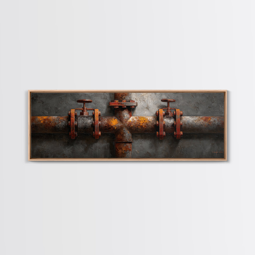 Metal Pipes and Valves as Graphic Composition Framed Canvas Print, Industrial Art, Wall Decor, Living Room Decor, Foundry, IND-3x1-72