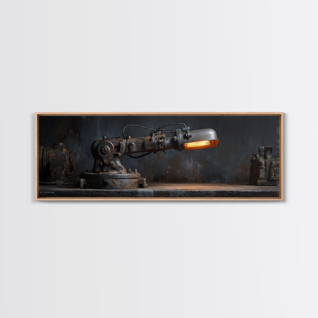 Industrial Lamp with Warm Glow Framed Canvas Print, Industrial Art, Textured Wall Art, Living Room Decor, Fine Art, Foundry, IND-3x1-87