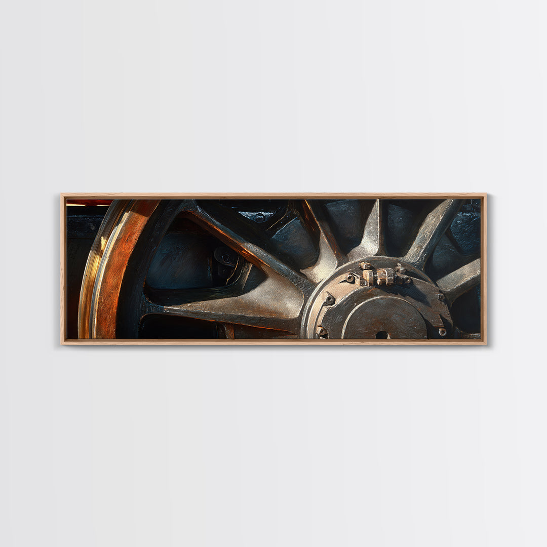 Steam Locomotive Wheel Closeup Canvas Print, Industrial Art, Black and White Art, Living Room Decor, Watercolor Art, Foundry, IND-3x1-94