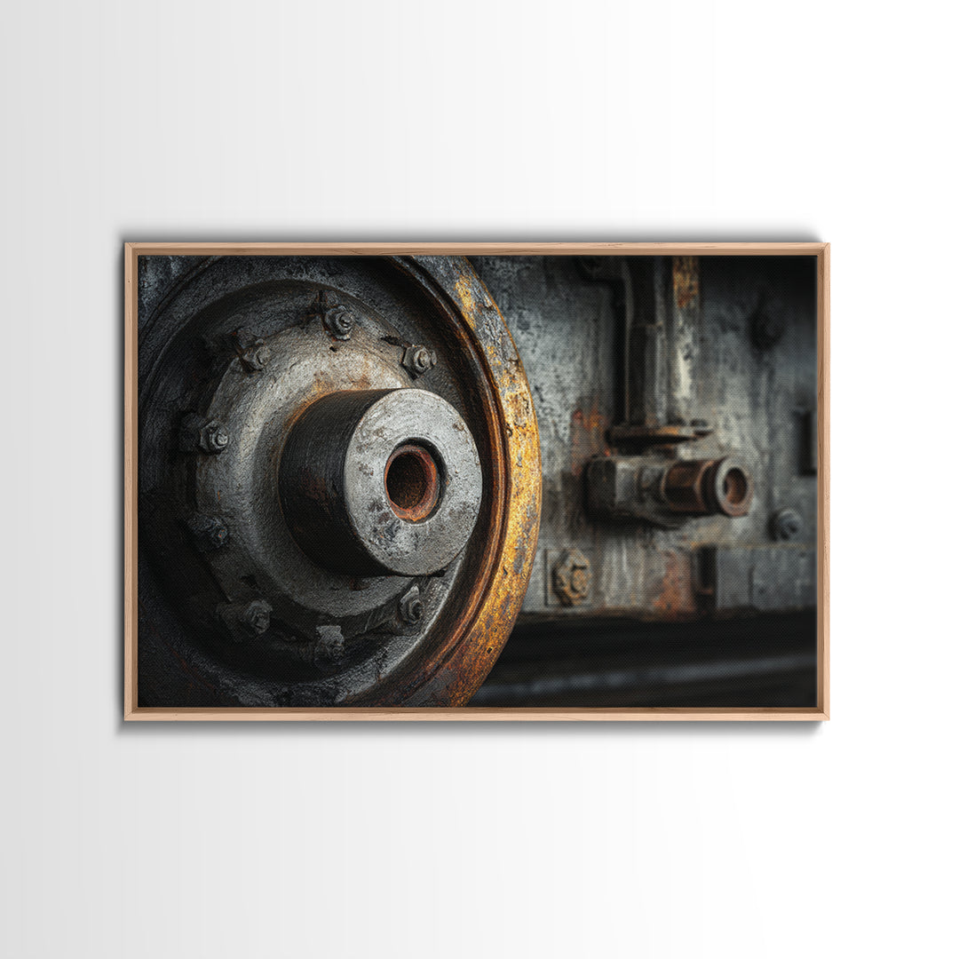 Steam Locomotive Wheel Closeup Framed Canvas Print, Industrial Art, Living Room Art, Living Room Decor, Fine Art, Foundry, IND-3x2-10