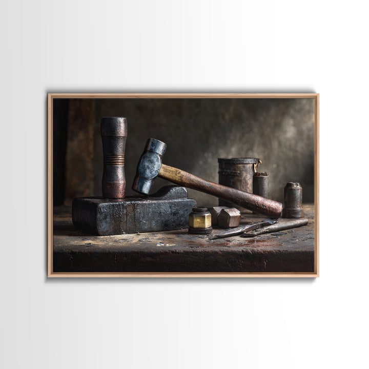 Blacksmith Tools on Dark Workbench Framed Canvas Print, Industrial Art, Metal Art, Living Room Decor, Fine Art, Foundry, IND-3x2-14