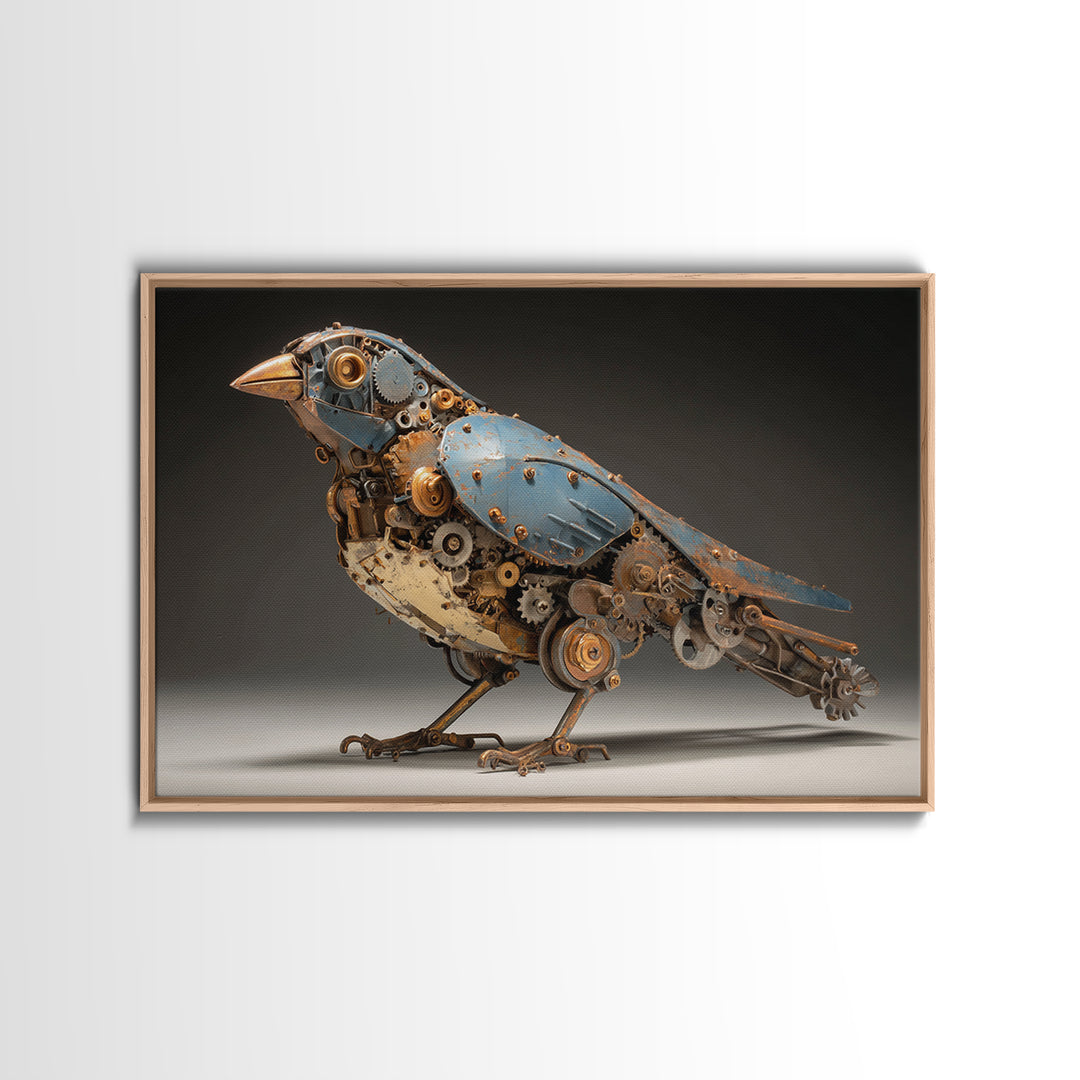 Mechanical Bird Made from Gears Framed Canvas Print, Industrial Art, Luxury Decor, Living Room Decor, Fine Art, Foundry, IND-3x2-23