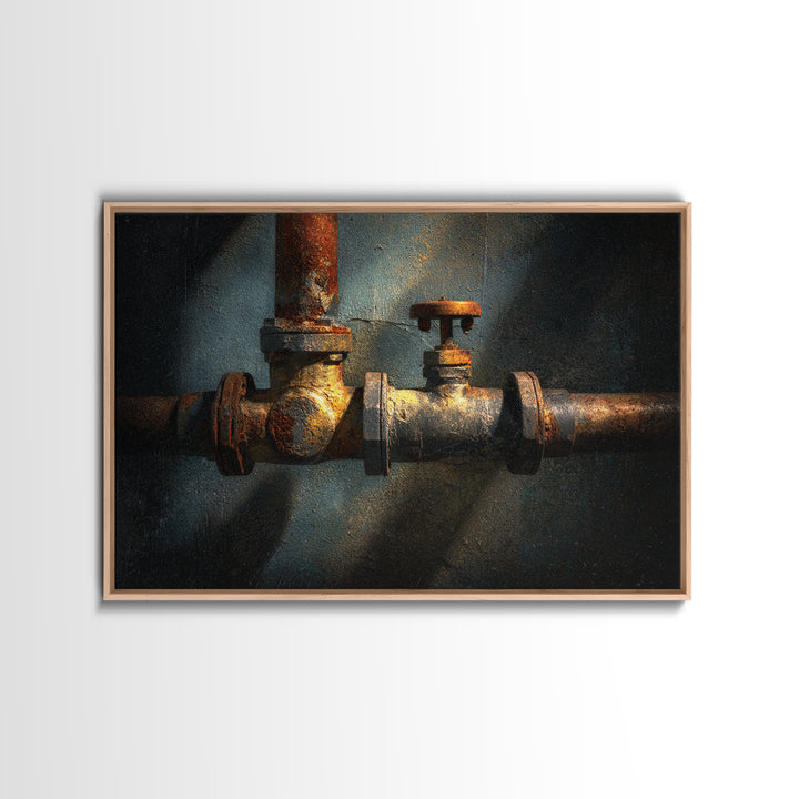 Metal Pipes and Valves as Graphic Composition Framed Canvas Print, Industrial Art, Luxury Decor, Living Room Decor, Foundry, IND-3x2-36