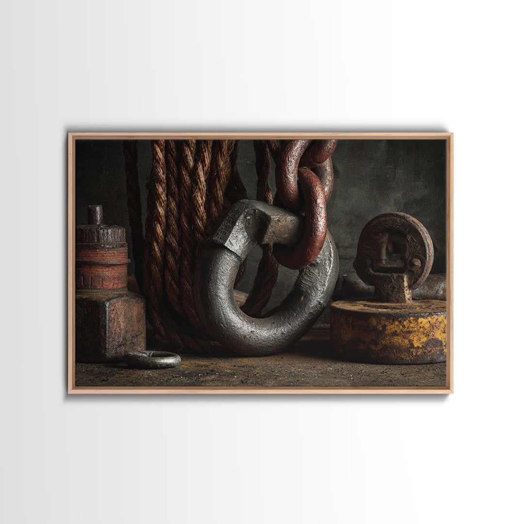 Chain and Hook Still Life Canvas Print, Industrial Art, Textured Painting, Living Room Decor, Watercolor Art, Foundry, IND-3x2-44