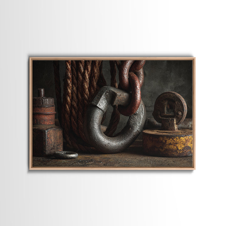 Chain and Hook Still Life Canvas Print, Industrial Art, Textured Painting, Living Room Decor, Watercolor Art, Foundry, IND-3x2-44