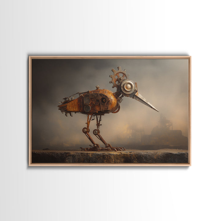 Mechanical Bird Made from Gears Framed Canvas Print, Industrial Art, Metal Art, Living Room Decor, Oil Painting, Foundry, IND-3x2-47
