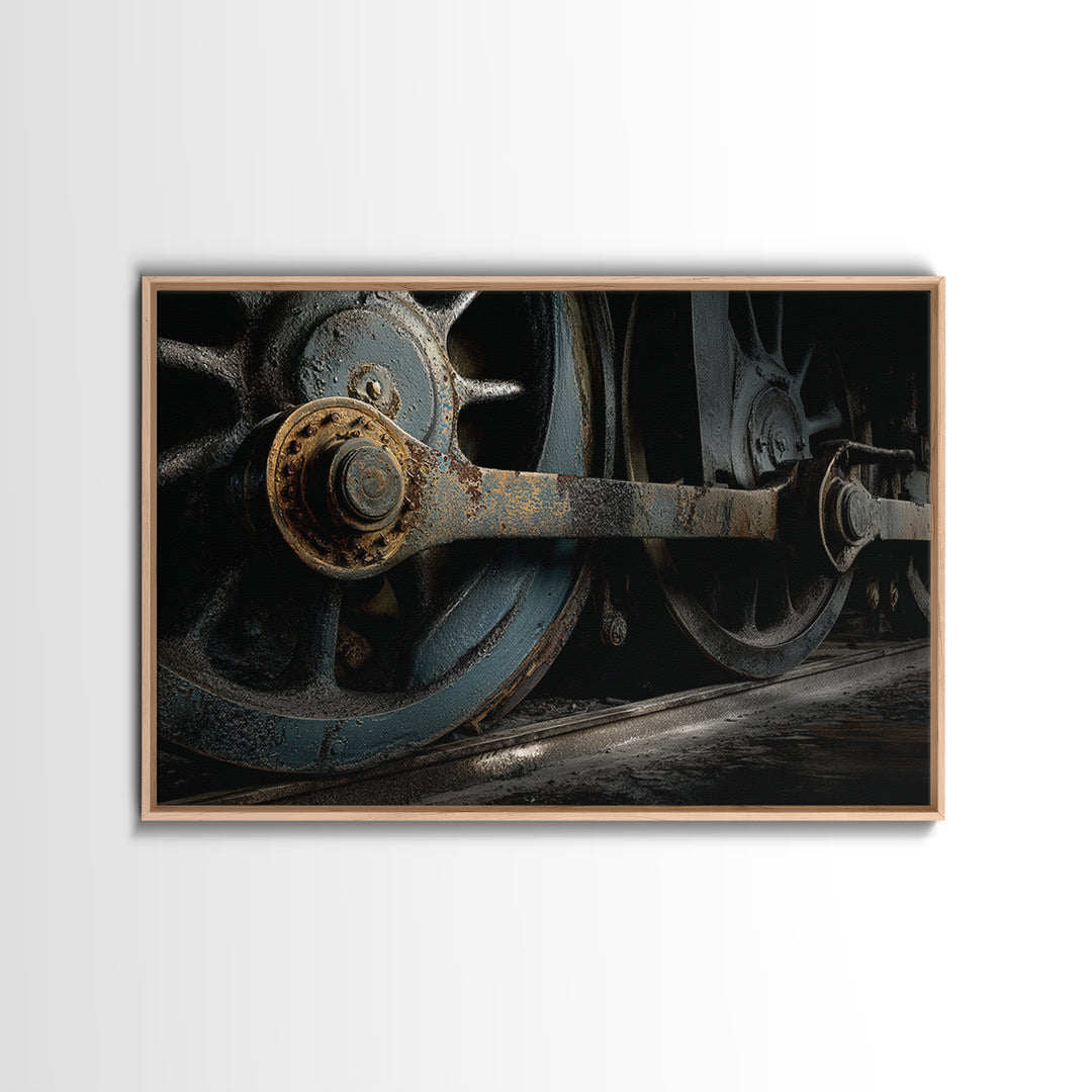 Steam Locomotive Wheel Closeup Canvas Print, Industrial Art, Black and White Art, Living Room Decor, Watercolor Art, Foundry, IND-3x2-58