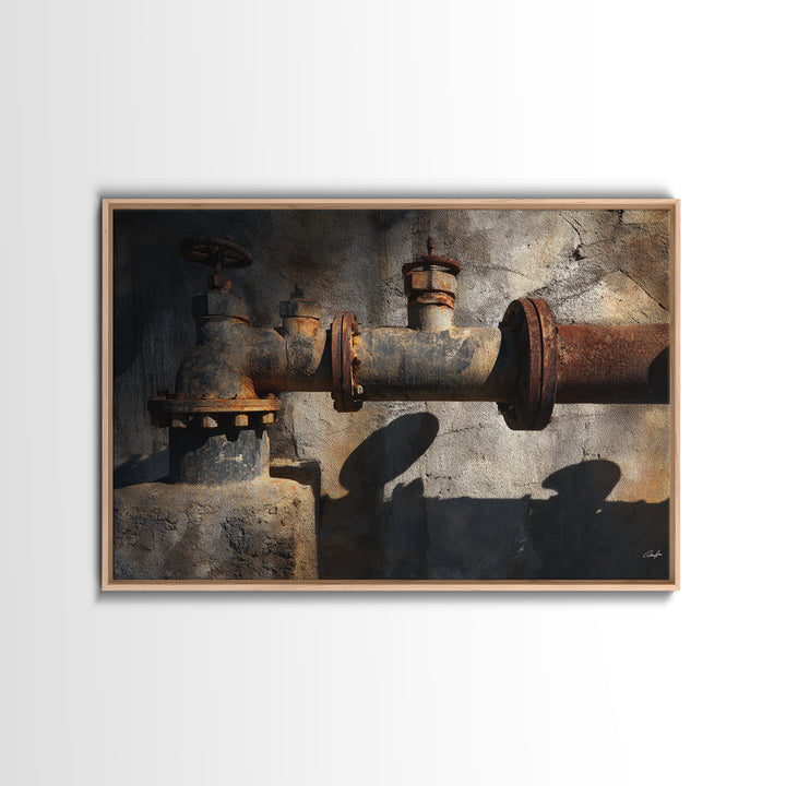 Metal Pipes and Valves as Graphic Composition Framed Canvas Print, Industrial Art, Art Prints, Living Room Decor, Foundry, IND-3x2-60