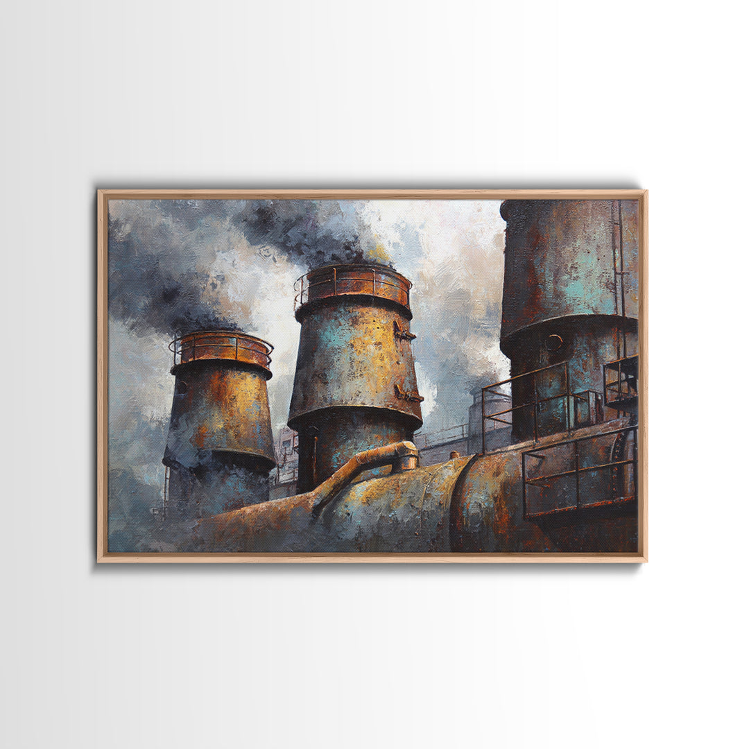 Factory Smokestacks with Moody Sky Framed Canvas Print, Industrial Art, Fine Art Print, Living Room Decor, Fine Art, Foundry, IND-3x2-63