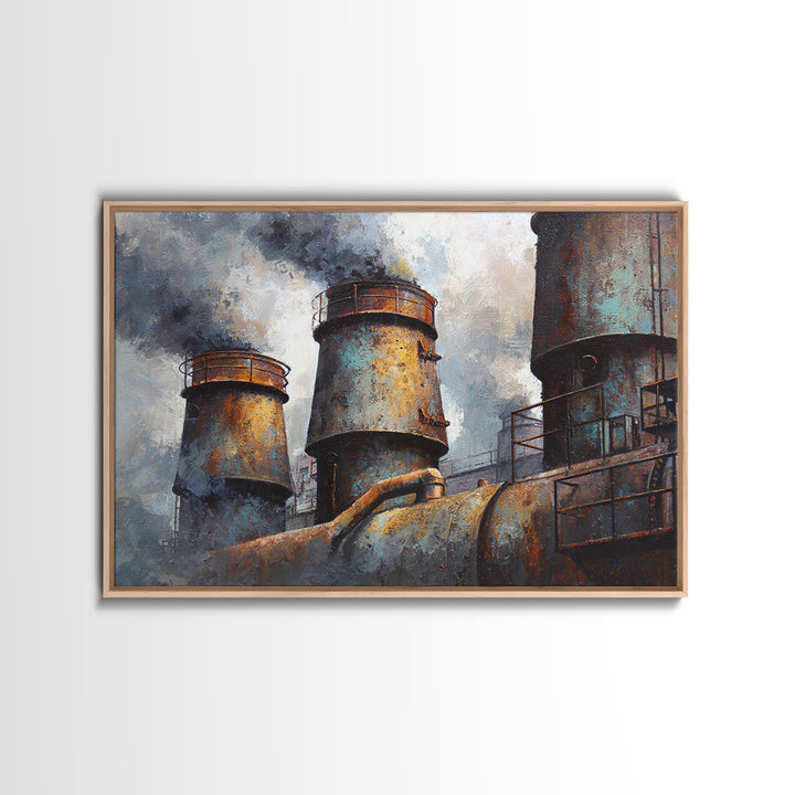 Factory Smokestacks with Moody Sky Framed Canvas Print, Industrial Art, Fine Art Print, Living Room Decor, Fine Art, Foundry, IND-3x2-63