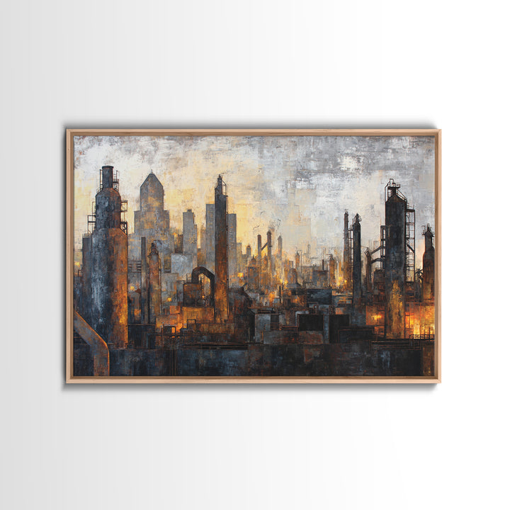 Industrial City Skyline Framed Canvas Print, Industrial Art, Art Print, Living Room Decor, Fine Art, Foundry, Modern Art, IND-3x2-64