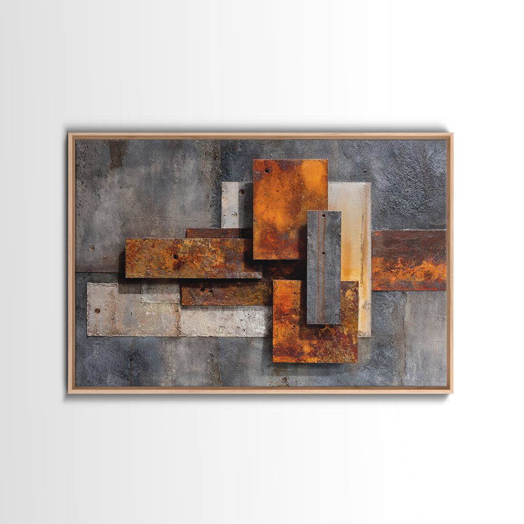 Rust Orange and Charcoal Geometric Abstraction Canvas Print, Industrial Art, Steampunk Decor, Living Room Decor, Abstract Art, IND-3x2-66