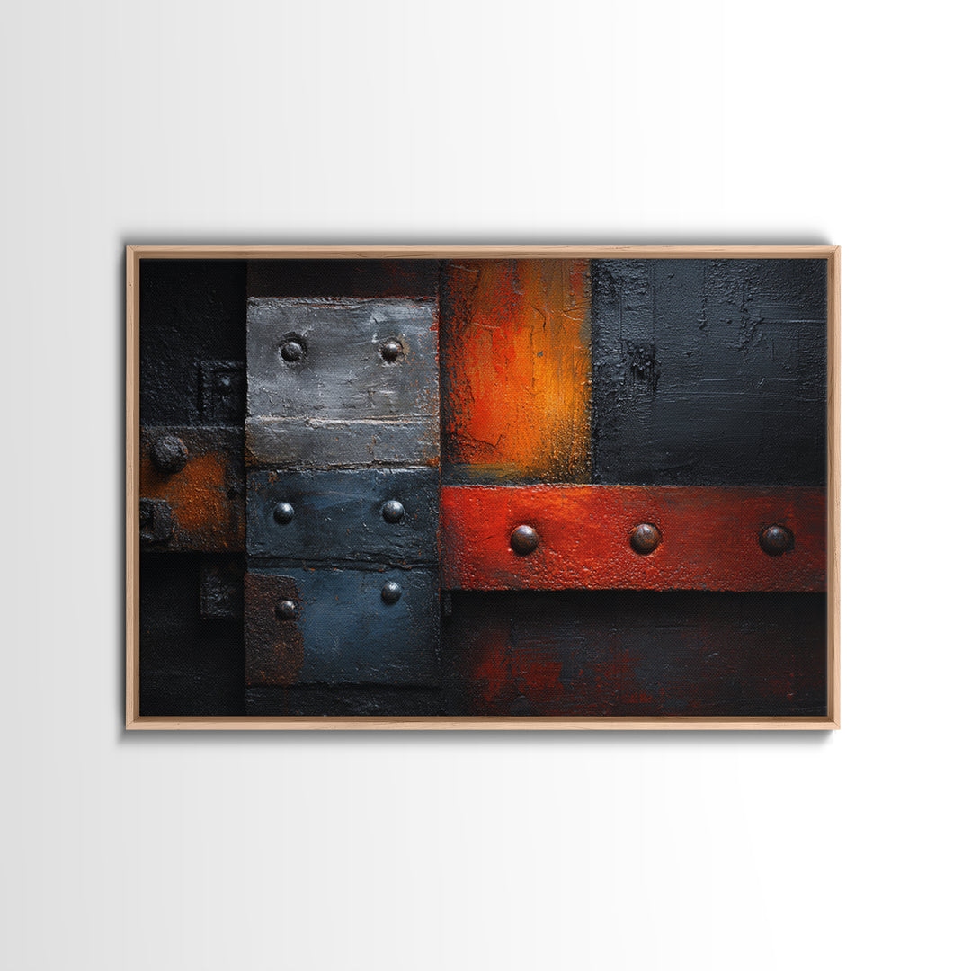 Riveted Metal Panel Texture Study Framed Canvas Print, Industrial Art, Living Room Decor, Oil Painting, Foundry, IND-3x2-74