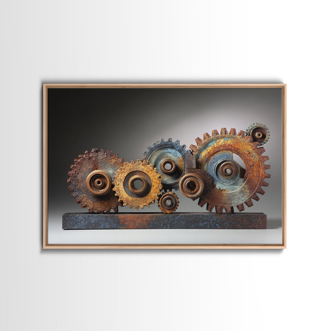 Rusted Gears Arranged as Sculptural Still Life Framed Canvas Print, Industrial Art, Wall Decor, Living Room Decor, Foundry, IND-3x2-77
