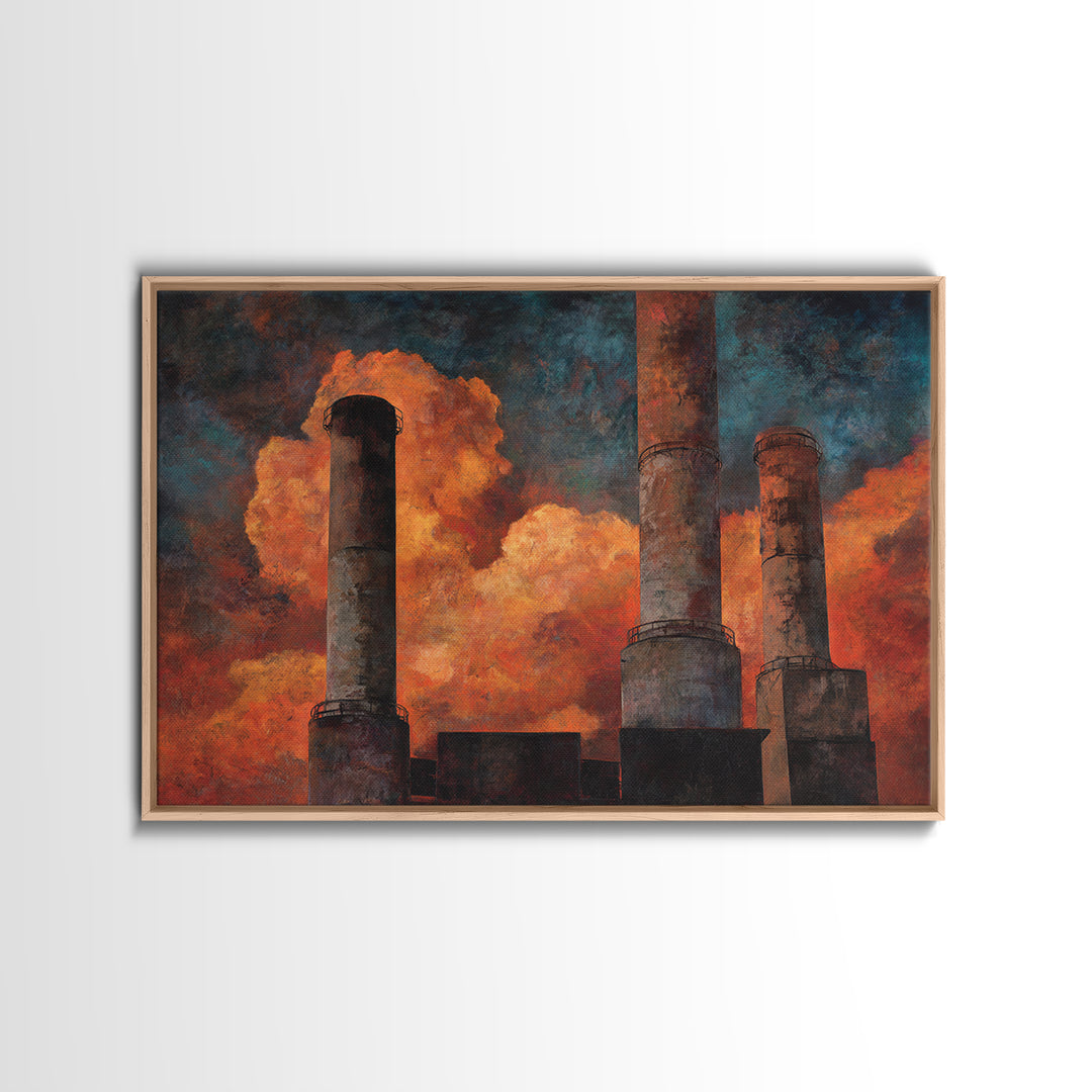 Factory Smokestacks with Moody Sky Framed Canvas Print, Industrial Art, Textured Wall Art, Living Room Decor, Fine Art, Foundry, IND-3x2-87