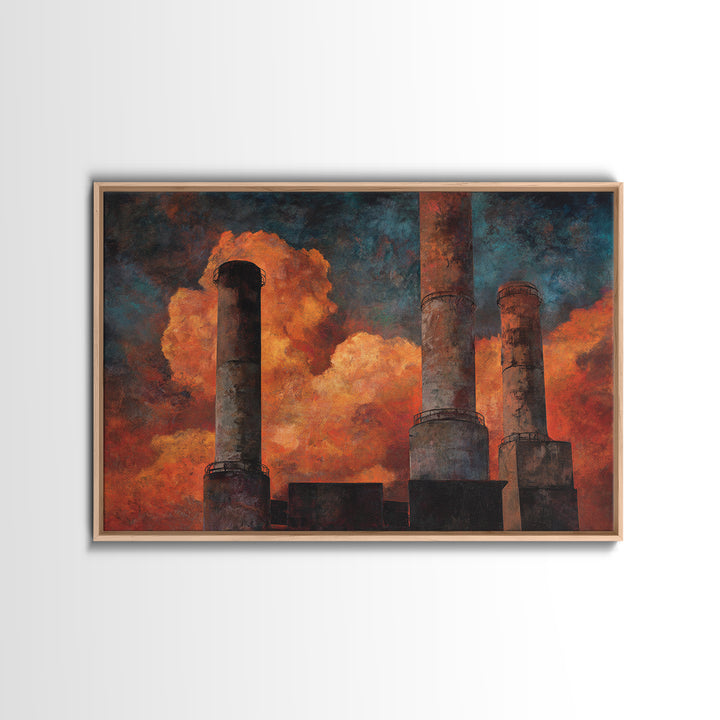 Factory Smokestacks with Moody Sky Framed Canvas Print, Industrial Art, Textured Wall Art, Living Room Decor, Fine Art, Foundry, IND-3x2-87