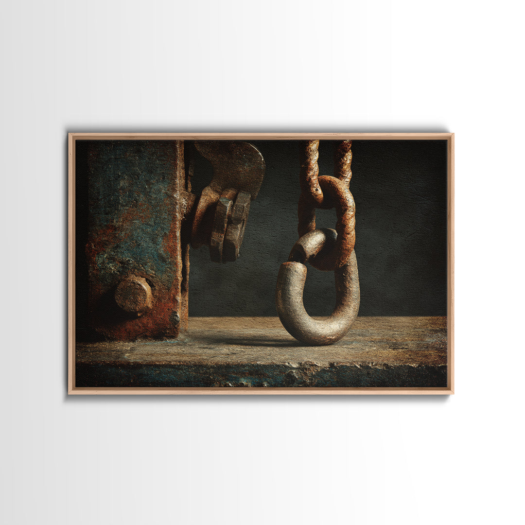 Chain and Hook Still Life Framed Canvas Print, Industrial Art, Textured Wall Art, Living Room Decor, Fine Art, Foundry, IND-3x2-92
