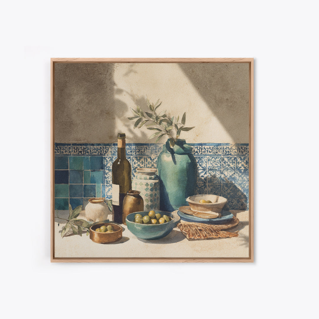 White Wine and Olives Still Life Framed Canvas Print, Italian Villa Art, Farmhouse Wall Art, Living Room Decor, Watercolor Art, IVA-1x1-16