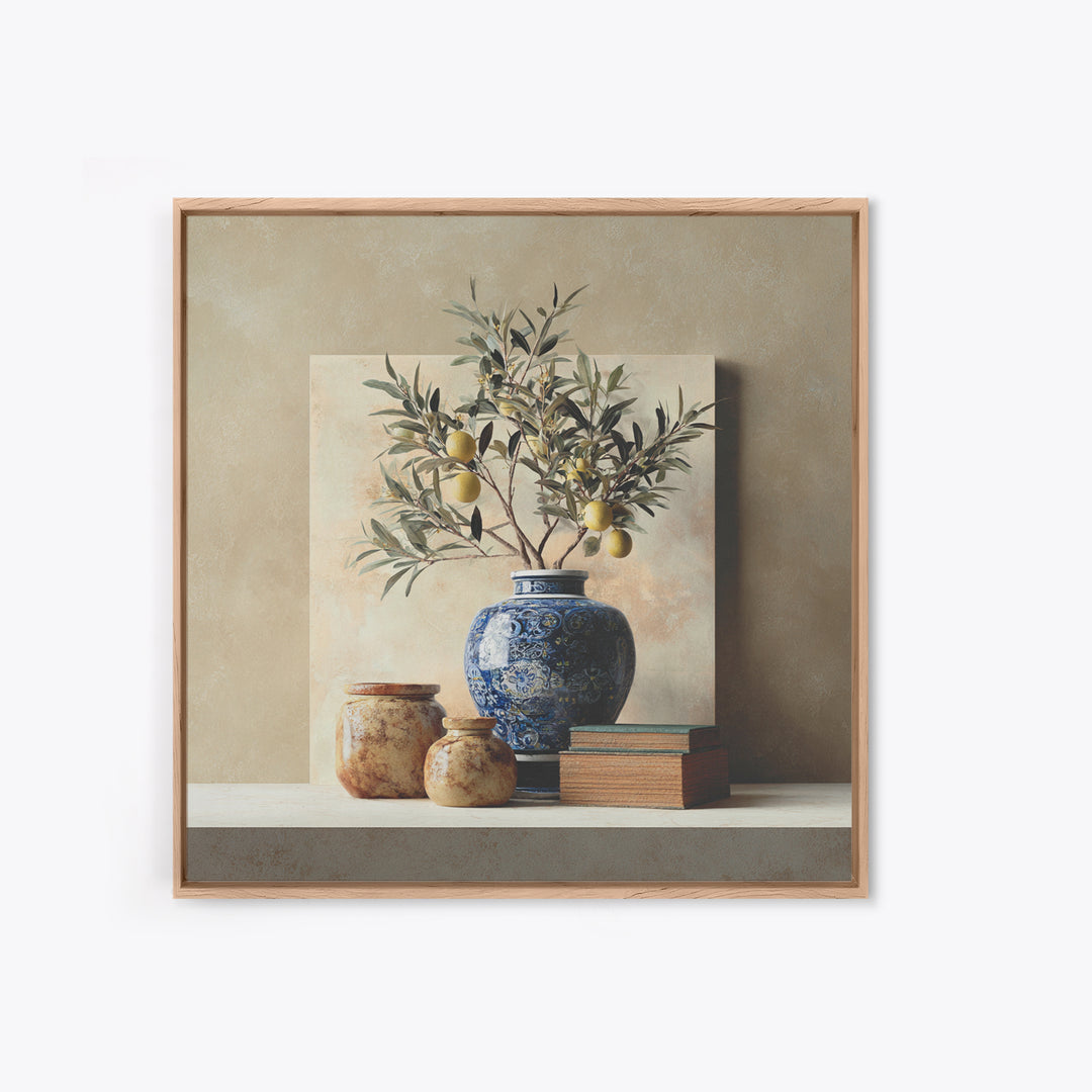 Lemon Branch in Blue Ceramic Vase Framed Canvas Print, Italian Villa Art, Bedroom Wall Art, Living Room Decor, Oil Painting, IVA-1x1-2