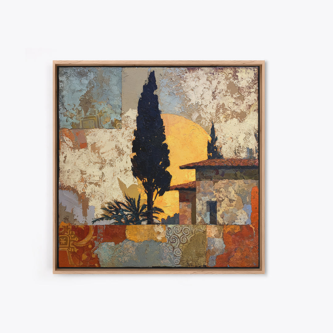 Cypress Silhouette at Sunset Framed Canvas Print, Italian Villa Art, Landscape Painting, Living Room Decor, Fine Art, Villa, IVA-1x1-21