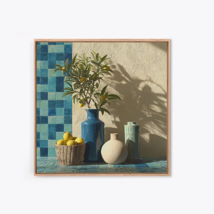 Lemon Branch in Blue Ceramic Vase Canvas Print, Italian Villa Art, Gallery Wall, Living Room Decor, Watercolor Art, Villa, IVA-1x1-26