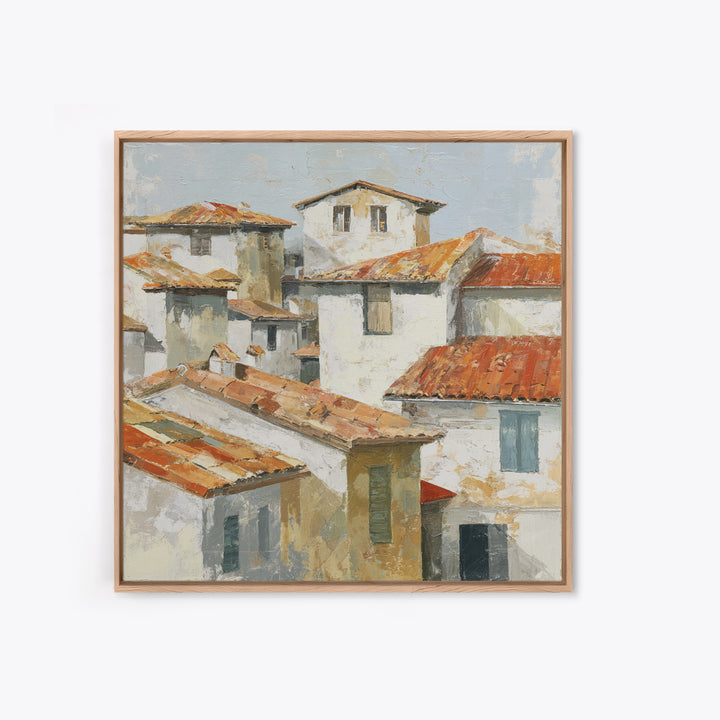 Terracotta Rooftops Against Pale Sky Framed Canvas Print, Italian Villa Art, Printable Art, Living Room Decor, Oil Painting, IVA-1x1-28