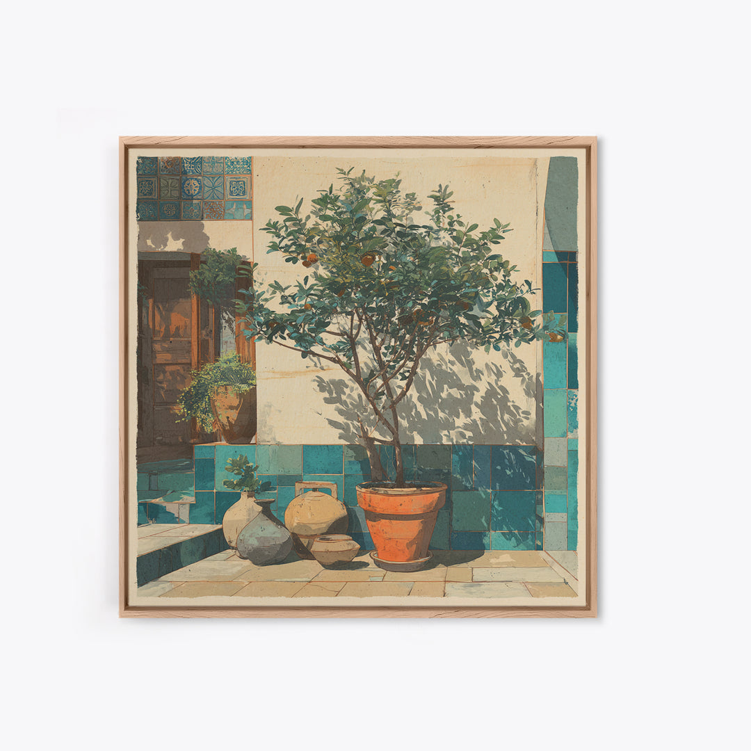 Orange Tree in a Courtyard Planter Framed Canvas Print, Italian Villa Art, Digital Download Art, Living Room Decor, Villa, IVA-1x1-38
