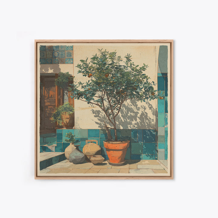 Orange Tree in a Courtyard Planter Framed Canvas Print, Italian Villa Art, Digital Download Art, Living Room Decor, Villa, IVA-1x1-38