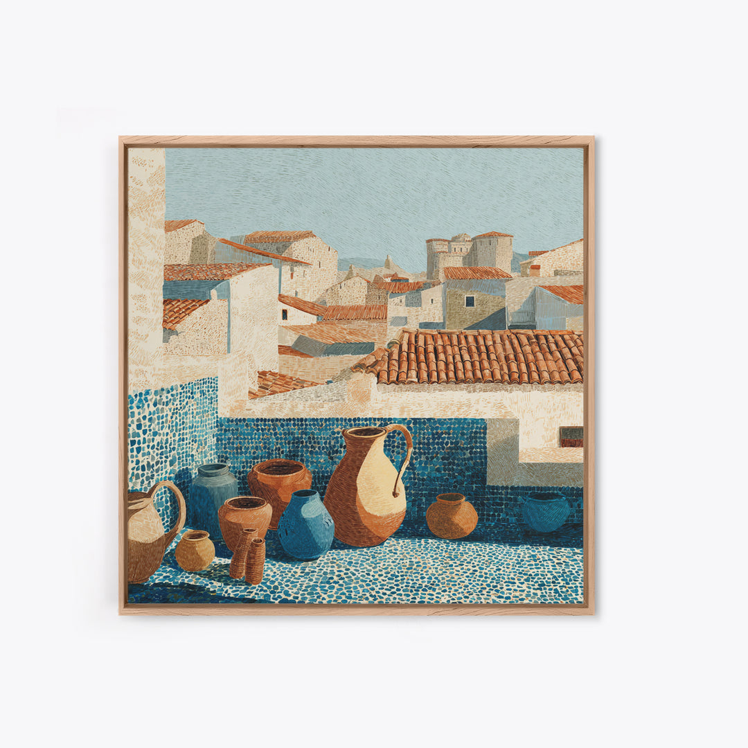 Terracotta Rooftops Against Pale Sky Canvas Print, Italian Villa Art, Wall Art Prints, Living Room Decor, Watercolor Art, Villa, IVA-1x1-4