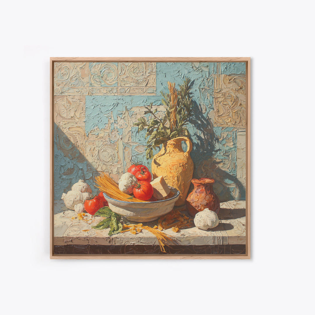 Pasta Herbs and Tomatoes Still Life Framed Canvas Print, Italian Villa Art, Farmhouse Wall Art, Living Room Decor, Oil Painting, IVA-1x1-43