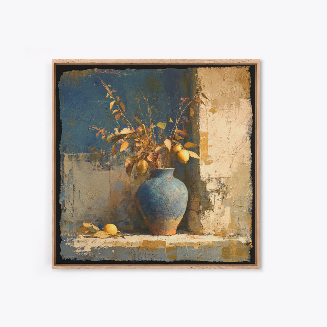 Lemon Branch in Blue Ceramic Vase Canvas Print, Italian Villa Art, Gallery Wall, Living Room Decor, Watercolor Art, Villa, IVA-1x1-50