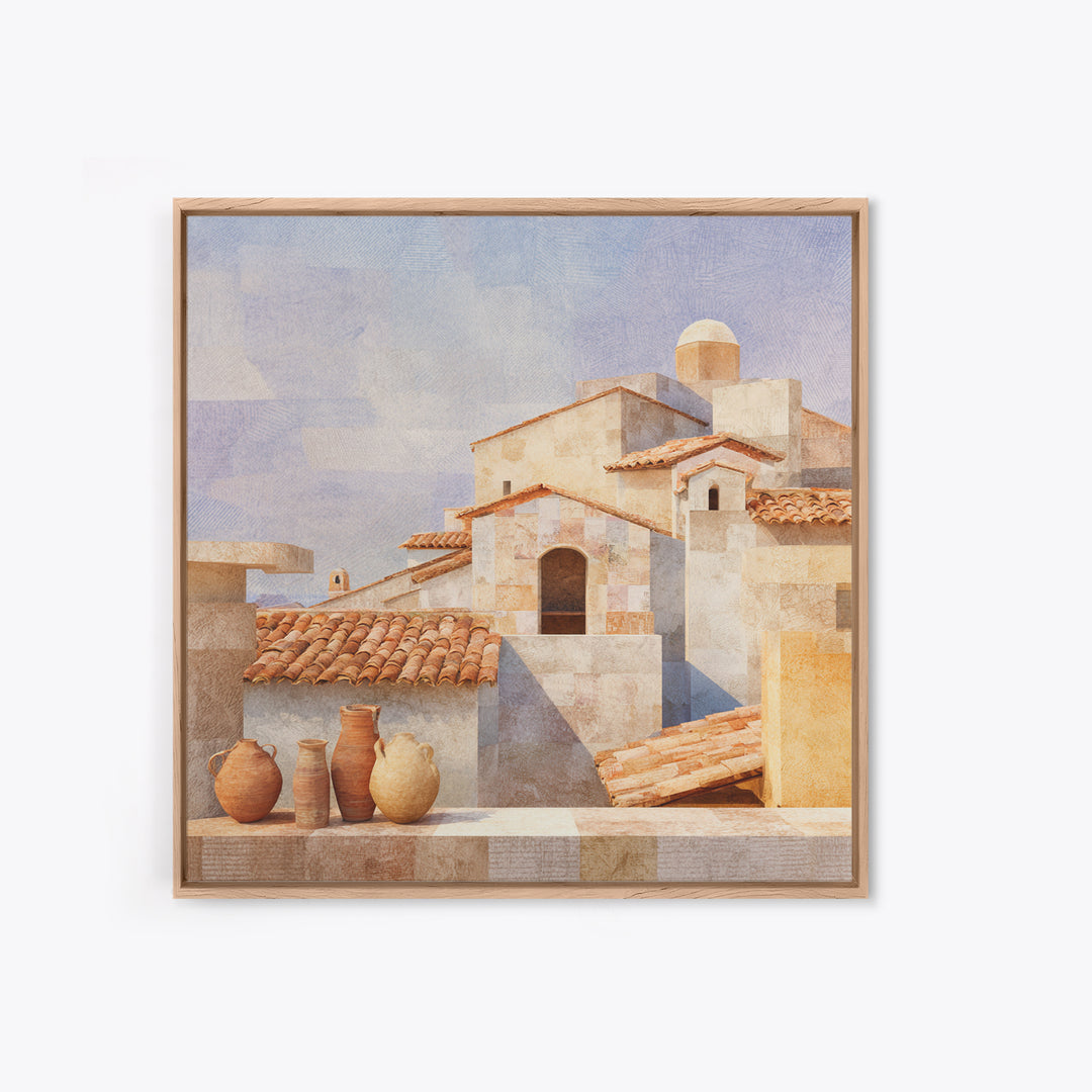Terracotta Rooftops Against Pale Sky Framed Canvas Print, Italian Villa Art, Colorful Wall Art, Living Room Decor, Villa, IVA-1x1-52