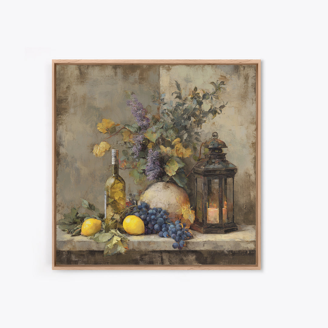 Grapevine and Wine Still Life on Linen Canvas Print, Italian Villa Art, Neutral Wall Art, Living Room Decor, Abstract Art, IVA-1x1-55