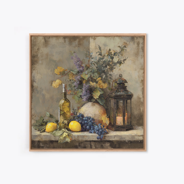 Grapevine and Wine Still Life on Linen Canvas Print, Italian Villa Art, Neutral Wall Art, Living Room Decor, Abstract Art, IVA-1x1-55