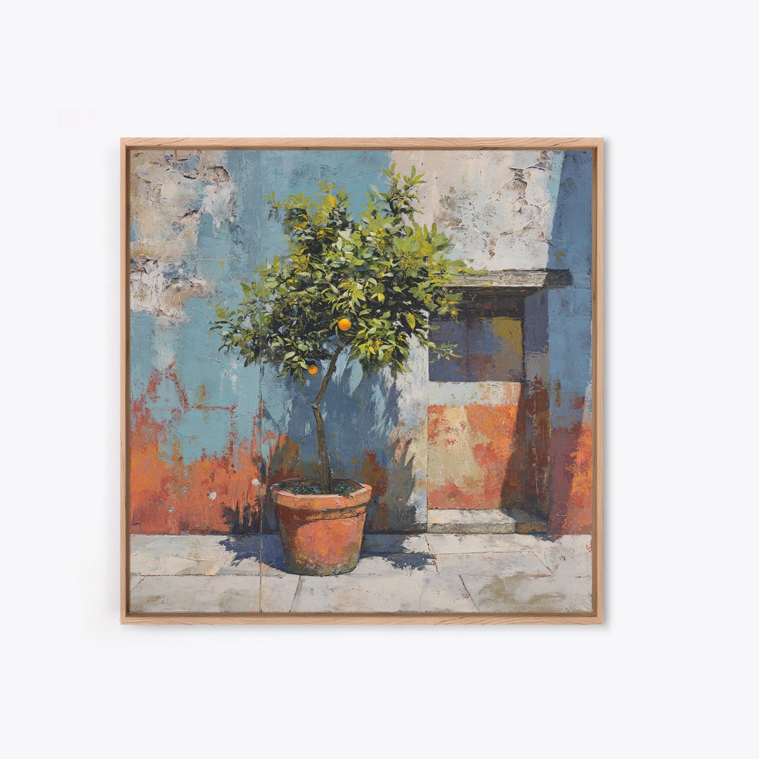 Orange Tree in a Courtyard Planter Framed Canvas Print, Italian Villa Art, Digital Download Art, Living Room Decor, Villa, IVA-1x1-62
