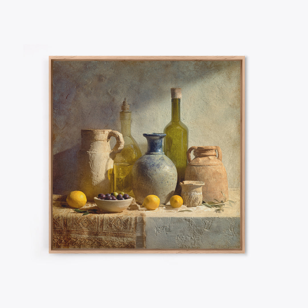 White Wine and Olives Still Life Framed Canvas Print, Italian Villa Art, Farmhouse Wall Art, Living Room Decor, Fine Art, Villa, IVA-1x1-64