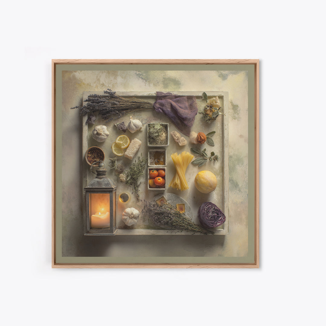 Pasta Herbs and Tomatoes Still Life Framed Canvas Print, Italian Villa Art, Digital Art Print, Living Room Decor, Villa, IVA-1x1-67