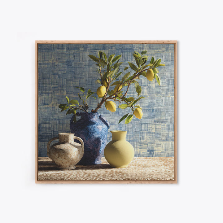 Lemon Branch in Blue Ceramic Vase Framed Canvas Print, Italian Villa Art, Gallery Wall Set, Living Room Decor, Watercolor Art, IVA-1x1-74