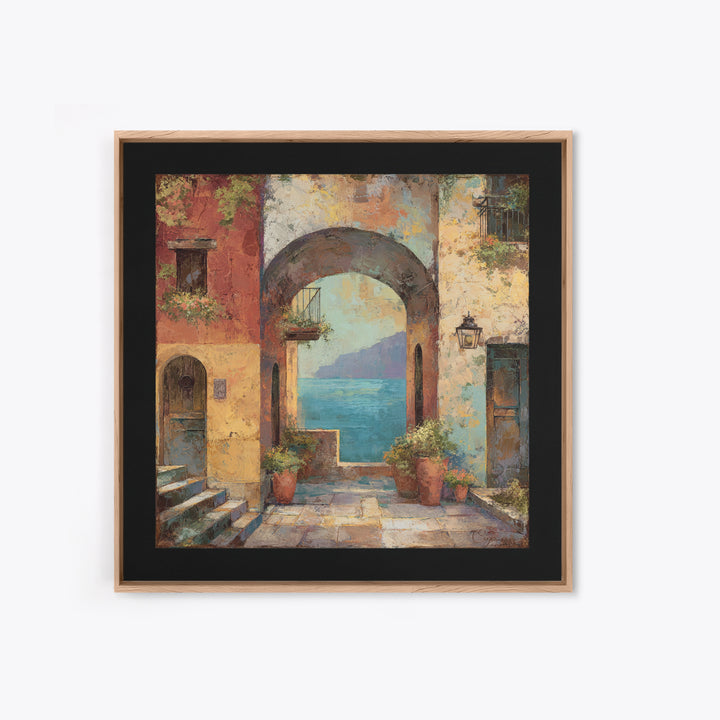 Mediterranean Arch Framing Blue Sea Framed Canvas Print, Italian Villa Art, Home Decor, Living Room Decor, Fine Art, Villa, IVA-1x1-80